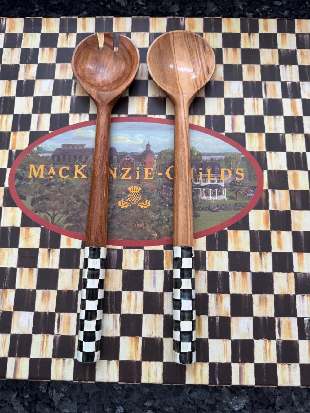 Brand New Mackenzie Childs Courtly Check Salad Servers Wood & Stainless Sweet